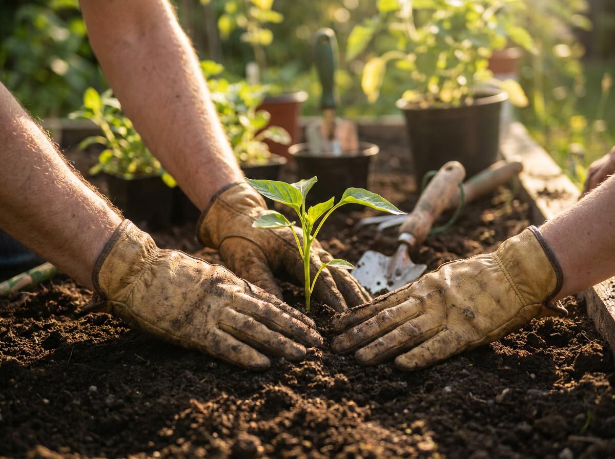 Gartenarbeit von Hand: Pflanzung in vorbereitetem Boden