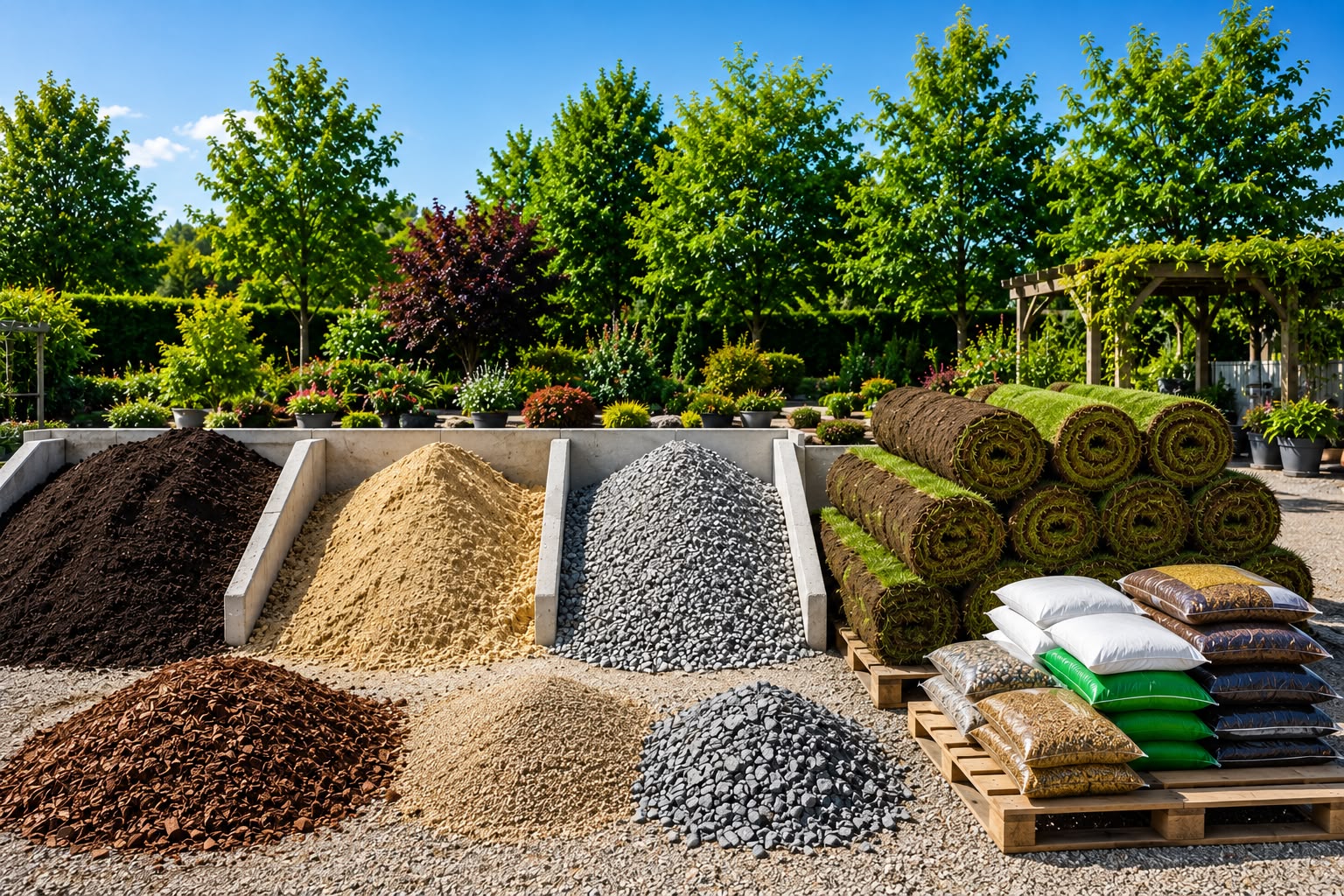 Garten- und Baumaterial am Lager: Erde, Sand, Schotter, Rindenmulch und Rollrasen